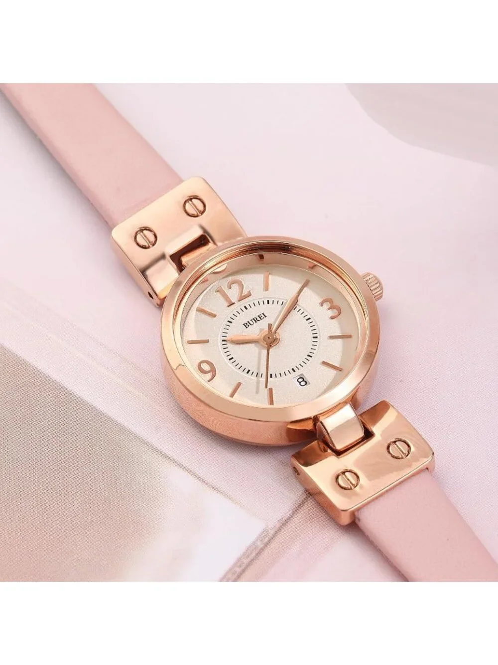 Women's White Pink Gold Elegant Dial with Leather Strap Minimalist Wrist Watches